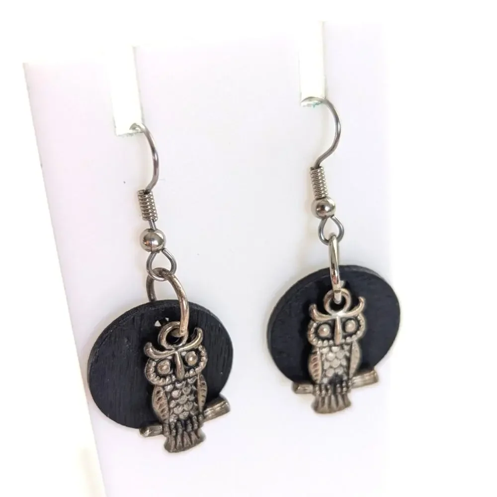 Y2K Bohemian Style Wooden Disc Wise Owl Charm Beaded Dangle Hook Earrings